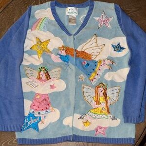 Women’s The Quacker Factory Angel Themed Blue and White Sweater Size Small